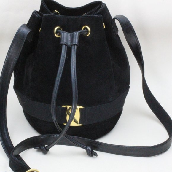 Authentic Salvatore Ferragamo Vara Suede Black Bow Drawstring Purse Handbag - Picture 3 of 16